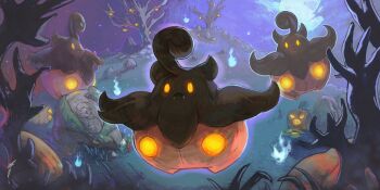 Rule 34 | absurdres, bare tree, blue fire, closed mouth, colored sclera, fangs, fire, floating, gen 6 pokemon, highres, jack-o'-lantern, jjfsantos, looking at viewer, moss, night, nintendo, no humans, open mouth, outdoors, phantump, pokemon, pokemon (creature), pokemon focus, pumpkin, sky, tombstone, tree, yellow eyes, yellow sclera