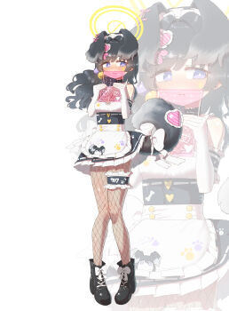 02milos02 1girl absurdres alternate_costume animal_ears bare_shoulders black_hair blue_archive blush boots closed_mouth dog_ears dog_girl dog_tail dress elbow_gloves embarrassed fishnet_pantyhose fishnets frilled_dress frills full_body gloves hair_ornament halo hibiki_(blue_archive) highres holding holding_tablet_pc long_hair looking_to_the_side maid nose_blush pantyhose solo standing tablet_pc tail tail_ornament thigh_strap white_background white_gloves yellow_halo zoom_layer