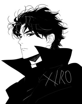 1boy black_coat black_hair coat commentary greyscale looking_at_viewer male_focus messy_hair monochrome omniscient_reader&#039;s_viewpoint open_clothes open_coat popped_collar short_hair solo symbol-only_commentary upper_body xiro yoo_joonghyuk