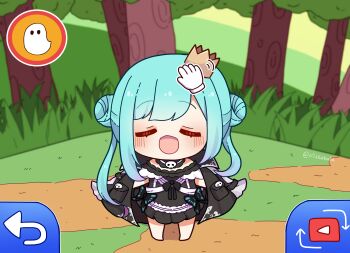 Rule 34 | 0725akaba, 1girl, absurdres, arrow (symbol), barefoot, black dress, black jacket, blue hair, blurry, blurry background, blush, bug, butterfly, chibi, closed eyes, commentary request, crown, depth of field, double bun, dress, facing viewer, forest, frilled dress, frills, gradient hair, hair bun, hand cursor, highres, hololive, insect, jacket, jacket on shoulders, long hair, mini crown, multicolored hair, nature, nintendo, open mouth, parody, pink hair, play button, pokemon, pokemon-amie, pokemon xy, solo, tilted headwear, tree, twintails, twitter username, uruha rushia, uruha rushia (3rd costume), very long hair, virtual youtuber