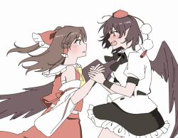 Rule 34 | 2girls, ascot, bird wings, black bow, black bowtie, black skirt, blush, bow, bowtie, brown hair, brown wings, chest sarashi, collared shirt, commentary, detached sleeves, eye contact, frilled bow, frilled hair tubes, frills, hair bow, hair tubes, hakurei reimu, hat, holding hands, long hair, looking at another, multiple girls, open mouth, pointy ears, pom pom (clothes), red bow, red eyes, red hat, red skirt, sakic43899, sarashi, shameimaru aya, shirt, short sleeves, skirt, skirt set, tokin hat, touhou, white shirt, wings, yuri
