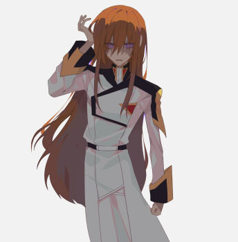 1boy alternate_hair_length alternate_hairstyle belt brown_hair coat gundam gundam_seed hair_between_eyes hand_up highres kira_yamato long_hair looking_at_viewer male_focus military_uniform purple_eyes seed0x0 shaded_face simple_background sleeve_cuffs solo white_background white_coat