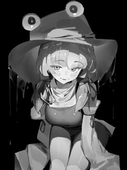 1girl black_background breasts frog_hat greyscale hair_ribbon hat highres kaeru_mikan light_blush long_hair looking_at_viewer low_twintails monochrome moriya_suwako parted_bangs parted_lips ribbon simple_background sleeves_past_fingers sleeves_past_wrists socks solo touhou twintails wide_sleeves