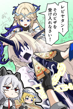 ahoge bare_shoulders black_gloves black_horns blonde_hair blue_eyes bound breasts cartethyia_(wuthering_waves) chain commentary_request covered_eyes crown_of_thorns curled_horns earrings eating food galbrena_(wuthering_waves) gloves hair_ornament hat highres holding holding_food holding_pizza horns jewelry large_breasts leviathan_(wuthering_waves) long_hair long_horns looking_at_another male_rover_(wuthering_waves) multiple_earrings necktie open_mouth phoebe_(wuthering_waves) pineapple_on_pizza pizza pointy_ears red_eyes red_necktie rolling_eyes rover_(wuthering_waves) shirt sidelocks sweat tacet_mark_(wuthering_waves) tachi_(bokarokazoku) translation_request v-shaped_eyebrows white_hat white_shirt wuthering_waves x_hair_ornament zani_(wuthering_waves)