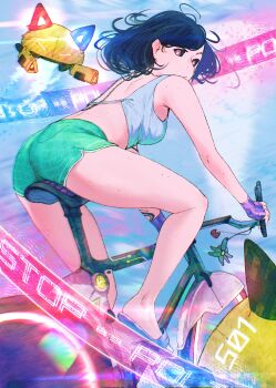 1girl ass backless_shirt bicycle black_hair black_sclera breasts bright_pupils closed_mouth colored_sclera commentary crop_top cropped_shirt drone english_commentary full_body green_shorts grey_shirt highres leaning_forward looking_at_viewer looking_back medium_breasts medium_hair mole multiple_moles original red_eyes riding riding_bicycle sand science_fiction shirt short_shorts shorts sitting sleeveless sleeveless_shirt solo spindle_(aidenr0) white_pupils