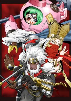 2boys 2girls armor blonde_hair cho-hakkaimon crown digimon gokuwmon green_hair highres journey_to_the_west kappa mask mask_around_neck monkey multiple_boys multiple_girls pig sagomon sanzomon sha_wujing sun_wukong tang_sanzang zhu_bajie