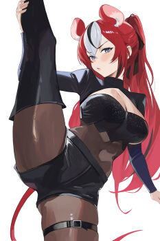 1girl absurdres animal_ears black_hair blackberry_baelz blue_eyes bodysuit breasts cleavage crop_top hakos_baelz highres hololive hololive_english long_hair long_sleeves miko_4013 mouse_ears mouse_tail multicolored_hair ponytail red_hair short_shorts shorts solo split standing standing_on_one_leg standing_split tail thighhighs thighs very_long_hair virtual_youtuber white_background white_hair