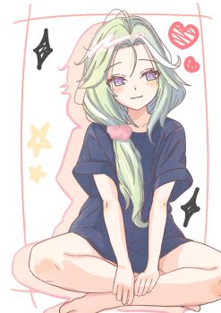 1girl absurdres barefoot black_shirt blush chaeeunhan124 closed_mouth commentary_request drop_shadow forehead full_body green_hair hair_ornament hair_scrunchie hands_on_own_leg heart highres indian_style korean_commentary light_smile long_hair long_shirt looking_at_viewer low-tied_long_hair multicolored_hair no_pants pink_scrunchie purple_eyes purple_pupils scrunchie shirt short_sleeves simple_background sitting solo star_(symbol) stellive streaked_hair t-shirt virtual_youtuber white_background yuzuha_riko