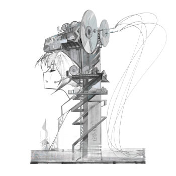 1girl absurdres chinese_commentary commentary_request dated from_side hatsune_miku headset highres limited_palette meishifu parted_lips profile radio_tower satellite_dish sideways_mouth simple_background solo vocaloid white_background