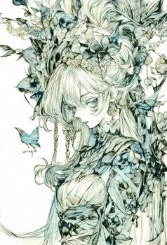 1girl 7na5go bug butterfly dress earrings flower from_side green_theme hair_bun insect jewelry lace leaf lineart long_hair looking_to_the_side original single_hair_bun solo turtleneck upper_body