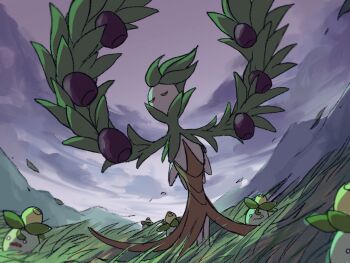 1other arboliva closed_eyes field full_body grass green_hair grey_sky highres leaf nintendo o_o olive open_mouth outdoors plant_monster pokemon pokemon_(creature) sky smoliv standing u_u watanuki_(561yashi)