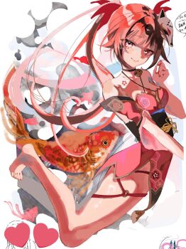 1girl bare_shoulders barefoot bell black_choker breasts brown_hair choker commentary_request detached_sleeves fish highres honkai:_star_rail honkai_(series) long_hair medium_breasts smile solo sparkle_(honkai:_star_rail) speech_bubble symbol-shaped_pupils tattoo thigh_strap twintails yonagiri_47