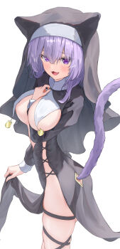 1girl animal_ears arm_between_breasts between_breasts black_dress black_hat blush breasts cat_ears cat_girl cat_tail clothes_lift dress dress_lift fang hat highres hololive large_breasts lifting_own_clothes looking_at_viewer medium_hair nekomata_okayu nun open_mouth purple_eyes purple_hair skin_fang smile solo tail thigh_strap virtual_youtuber yuno_usagi