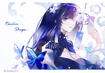 Rule 34 | 1girl, absurdres, alternate costume, blue dress, blue ribbon, blunt bangs, blurry, breasts, bug, butterfly, center opening, character name, cleavage, commentary, depth of field, dress, earrings, english commentary, english text, flower ornament, genshin impact, hair ornament, highres, index finger raised, insect, japanese clothes, jewelry, long hair, looking at viewer, looking to the side, mole, mole under eye, neck ribbon, parted lips, purple eyes, purple hair, raiden shogun, ribbon, scarlett (artist), solo, upper body