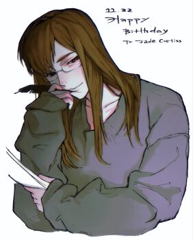 1boy alternate_costume birthday brown_hair casual character_name collarbone commentary dated english_commentary glasses grey_shirt happy_birthday highres holding holding_paper holding_quill jade_curtiss long_hair long_sleeves male_focus paper parted_lips quill red_eyes shirt simple_background sleeves_past_wrists solo tales_of_(series) tales_of_the_abyss upper_body white_background ybee_(auecoe_y)
