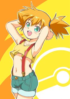 1girl :d aqua_eyes aqua_shorts armpits arms_behind_head arms_up bare_arms blush breasts collarbone cowboy_shot crop_top denim denim_shorts eyelashes green_eyes green_shorts hair_between_eyes hair_tie highres looking_at_viewer midriff misty_(pokemon) navel nintendo open_mouth orange_hair poke_ball_symbol pokemon pokemon_(anime) pokemon_(classic_anime) ponytail shirt short_hair short_shorts shorts side_ponytail sleeveless sleeveless_shirt small_breasts smile solo standing suspender_shorts suspenders teeth tongue upper_teeth_only yellow_shirt yoshimi_mizunoe
