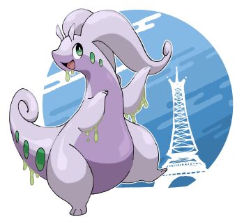 absurdres commentary eiffel_tower english_commentary full_body gen_6_pokemon goodra green_eyes highres looking_up nintendo no_humans open_mouth pokemon pokemon_(creature) pokemon_focus pr_quote purple_tail slime_(substance) smile solo white_background