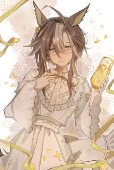 1girl absurdres ahoge animal_ears black_hair blue_eyes closed_mouth cup dream_journey_(snow-white_dreamland)_(umamusume) dream_journey_(umamusume) dress eyewear_strap glasses hair_between_eyes hair_ornament highres holding holding_cup horse_ears horse_girl horse_tail long_hair long_sleeves looking_at_viewer multicolored_hair official_alternate_costume ribbon smile solo tail umamusume white_dress white_hair ya_uwu_x yellow_ribbon