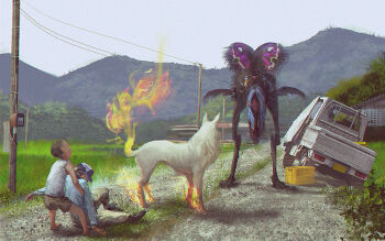 2boys car child commentary_request cryptid dark_skin dragging fiery_tail fire kei_truck male_focus motor_vehicle multiple_boys old old_man original pickup_truck rural scenery tagme tail tomono_rui traditional_youkai truck wolf