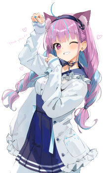 1girl ahoge anchor_hair_ornament animal_ear_fluff animal_ears blue_choker blue_hair blue_hairband blue_nails blue_sailor_collar blue_skirt blush braid cat_ears choker commentary_request frilled_sailor_collar frills gotoh_(nekocat) grin hair_ornament hairband high-waist_skirt hololive jacket long_hair long_sleeves looking_at_viewer minato_aqua minato_aqua_(sailor) multicolored_hair nail_polish official_alternate_costume one_eye_closed open_clothes open_jacket parted_lips pink_hair pleated_skirt purple_eyes ribbon_choker sailor_collar shirt simple_background skirt smile solo thank_you twin_braids twintails two-tone_hair typo virtual_youtuber white_background white_jacket white_shirt