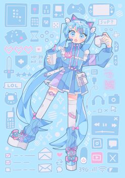 1girl absurdres alternate_costume animal_ear_headphones animal_ears bandaid bandaid_on_clothes bandaid_on_leg blue_background blue_eyes blue_hair blue_leg_warmers blue_shoes blue_skirt blue_theme cat_ear_headphones cat_ears controller cup disposable_cup fake_animal_ears game_controller hatsune_miku headphones headset highres holding holding_controller holding_cup holding_game_controller kouno_rikopin leg_warmers long_hair long_sleeves looking_at_another miniskirt platform_shoes pleated_skirt shoes skirt solo standing standing_on_one_leg thigh_strap thighhighs twintails very_long_hair vocaloid white_thighhighs
