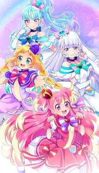 Rule 34 | 4girls, :d, absurdres, aqua bow, aqua bowtie, aqua hair, aqua hat, arched crown, blonde hair, blue bow, blue bowtie, blue choker, blue crown, blue eyes, blunt bangs, bow, bowtie, braid, brooch, capelet, choker, closed mouth, commentary, crown, cure friendy, cure lillian, cure nyammy, cure wonderful, dress, dress bow, earrings, elbow gloves, flat cap, gloves, hair bow, hairband, half gloves, hand in own hair, hat, heart, heart brooch, highres, inukai iroha, inukai komugi, jewelry, looking at viewer, medium dress, mini crown, mini hat, mini top hat, mitsuki tayura, multicolored hair, multiple girls, nekoyashiki mayu, nekoyashiki yuki, off-shoulder dress, off shoulder, open mouth, pact holder, paw pose, pink hair, pointed crown, precure, puffy short sleeves, puffy sleeves, purple background, purple bow, purple bowtie, purple capelet, purple eyes, purple hairband, purple hat, reaching, reaching towards viewer, red bow, red bowtie, red capelet, red crown, red dress, short sleeves, side ponytail, smile, standing, straight hair, tilted headwear, top hat, twin braids, two-tone hair, two side up, white dress, white gloves, white hair, wonderful precure!, wrist cuffs, yellow hairband