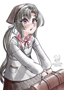 Rule 34 | 1girl, apron, bandana, black hair, brown bandana, brown eyes, brown skirt, commentary, cowboy shot, dated, english commentary, highres, kantai collection, kappougi, low ponytail, lunchbox, nankai (kancolle), nosaki (kancolle), one-hour drawing challenge, pink shirt, pleated skirt, ponytail, ron (pixiv83091338), shirt, signature, skirt, solo, twitter username