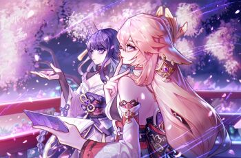 Rule 34 | 2girls, animal ear piercing, animal ears, back, bare shoulders, blunt bangs, blurry, blurry background, book, breasts, bridal gauntlets, cherry blossoms, cleavage, closed mouth, commentary, couple, detached sleeves, earrings, english commentary, fox ears, fox girl, from side, genshin impact, hair between eyes, hair ornament, happy birthday, headpiece, holding, holding book, japanese clothes, jewelry, kimono, large breasts, light particles, long hair, long sleeves, mitsudomoe (shape), multiple girls, open book, outdoors, pink hair, purple eyes, purple hair, purple kimono, raiden shogun, sunlight, tomoe (symbol), tree, wide sleeves, yae miko, yorureido, yuri