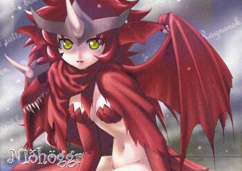 1girl breasts chinese_zodiac commentary_request dragon_girl dragon_wings film_grain grey_background head_wings long_hair looking_at_viewer navel nidhoggr&#039;s_shadow odyssan personification ragnarok_online red_hair red_wings scales small_breasts solo upper_body wings year_of_the_dragon yellow_eyes