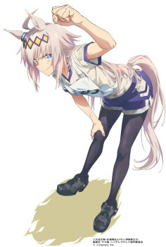 1girl absurdres ahoge animal_ears arm_up black_pantyhose black_shoes blue_eyes cleaned clenched_hand closed_mouth collarbone dirty dirty_clothes dirty_face dust ear_ornament female_focus fisting full_body gold_tiara grey_tail gym_uniform hair_ornament hairband highres horse_ears horse_girl horse_tail japanese_text leaning_forward light_particles long_hair looking_at_viewer multicolored_hair official_alternate_costume official_art oguri_cap_(umamusume) pants pantyhose purple_shorts running_shoes scan shadow shirt shoes short_sleeves shorts simple_background smile solo solo_focus t-shirt tail track_pants translation_request two-tone_hair umamusume umamusume:_cinderella_gray white_background white_shirt