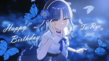 1girl absurdres black_hairband black_skirt blue_eyes blue_ribbon bocchi_the_rock! clothing_cutout english_text flower_hairband hairband happy_birthday highres ribbon shirt short_hair short_sleeves shoulder_cutout skirt white_shirt yamada_ryo yellow_eyes yuyuu