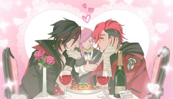 Rule 34 | 3girls, alcohol, arcane: league of legends, arcane vi, asymmetrical hair, bandaged arm, bandages, black hair, black jacket, blue eyes, bottle, bow, bowtie, couple, cup, dating, drinking glass, earrings, eyebrow cut, facial tattoo, flower, food, food in mouth, freckles, heart, highres, imminent kiss, jacket, jewelry, league of legends, medium hair, multicolored hair, multiple girls, multiple persona, neck tattoo, pasta, pink hair, pink jacket, rose, saudzai, scissors, selfcest, shared food, sharing food, short hair, sidecut, spaghetti, streaked hair, tattoo, tongue, tongue out, undercut, vest, vi (league of legends), wine, wine bottle, wine glass, yuri