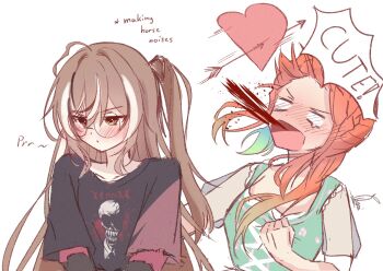 2girls ahoge apron aqua_apron arrow_through_heart black_ribbon black_shirt black_sweater blood blush coughing coughing_blood daikon_keroi dirndl dress earrings emo_fashion english_text feather_earrings feathers german_clothes glasses green_dress gripping_clothes hair_ribbon highres hololive hololive_english jewelry long_hair motion_lines multicolored_hair multiple_girls nanashi_mumei nanashi_mumei_(emo) nightmare_(nanashi_mumei) no_pupils one_side_up red_sweater ribbon round_eyewear scoop_neck see-through_clothes see-through_sleeves shirt speed_lines square_neckline streaked_hair striped_clothes striped_sweater sweater sweater_under_shirt t-shirt takanashi_kiara takanashi_kiara_(dirndl) two-tone_sweater very_long_hair virtual_youtuber wavy_hair