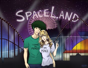 amusement_park blonde_hair blue_eyes brown_eyes couple cowboy_bebop curls green_hair hand_on_own_hip highres julia_(cowboy_bebop) night outdoors peace_symbol shirt spike_spiegel suiyobi t-shirt