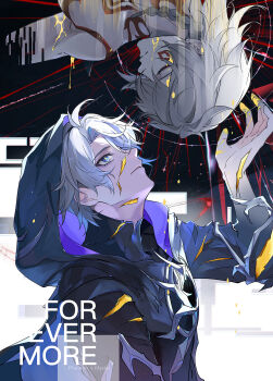 2boys antenna_hair arm_tattoo black_cloak blue_eyes braid chest_tattoo cloak closed_eyes commentary_request cracked_skin facial_tattoo flame_reaver_of_the_deepest_dark highres honkai:_star_rail honkai_(series) hood hood_up hooded_cloak liyue_so_good looking_up male_focus medium_hair multiple_boys mydei_(honkai:_star_rail) parted_bangs phainon_(honkai:_star_rail) red_tattoo short_hair side_braid tattoo white_hair yellow_blood