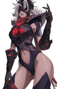 1girl absurdres armor bandaged_head bandages black_leotard black_sclera breasts clothing_cutout colored_sclera cowboy_shot fantastic_four grey_hair hand_up highleg highleg_leotard highres large_breasts leotard looking_at_viewer malice_(sue_storm) marvel marvel_rivals navel navel_cutout parted_lips pauldrons pingfan_de_mao red_eyes shoulder_spikes solo spiked_armor spiked_helmet spiked_pauldrons spikes sue_storm teeth white_background