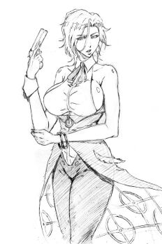 1girl anastasia_palma bracelet breasts earrings gun holding holding_gun holding_weapon jewelry kubo_tite_(style) large_breasts rakusakugk sakura_taisen sega shin_sakura_taisen sideboob solo weapon