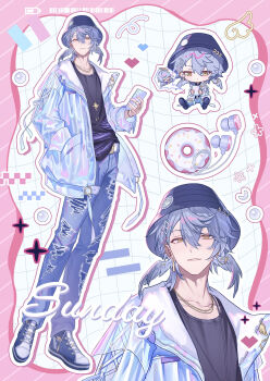 Rule 34 | 1boy, 1girl, absurdres, alternate costume, black hat, black shirt, border, bucket hat, cellphone, chibi, chibi inset, denim, donut, earphones, earrings, food, full body, grey hair, grey shoes, grid background, hand in pocket, hat, head wings, heart, highres, hitohachan, holding, holding phone, honkai: star rail, honkai (series), iridescent, jacket, jeans, jewelry, looking at viewer, male focus, multiple views, necklace, pants, parted lips, phone, pink background, shirt, shoes, short hair, simple background, smartphone, sparkle, sunday (honkai: star rail), torn clothes, torn jeans, torn pants, upper body, white background, wings, yellow eyes