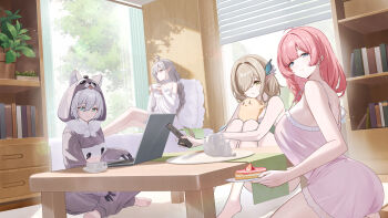 4girls absurdres alternate_costume azur_lane breasts cake cake_slice computer controller crossed_legs de_zeven_provincien_(azur_lane) de_zeven_provincien_(snuggling_for_warmth)_(azur_lane) dress evertsen_(azur_lane) evertsen_(basking_by_the_window)_(azur_lane) food green_hair grey_hair highres holding indoors kazan_(azur_lane) kazan_(the_warm_morning_sunshine)_(azur_lane) laptop large_breasts manjuu_(azur_lane) multiple_girls nightgown official_alternate_costume official_art oleg_(azur_lane) oleg_(repose_by_the_fireplace)_(azur_lane) pink_dress pink_hair pointy_ears pov remote_control seiza sitting sleepwear smile table tea thick_thighs thighs white_dress white_hair