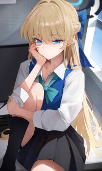 1girl absurdres alternate_costume aqua_neckerchief black_skirt black_socks blonde_hair blue_archive blue_bow blue_eyes blue_hair blue_sky blue_sweater_vest bow braid collared_shirt commentary_request computer_keyboard cowboy_shot day expressionless hair_bow half_up_braid hand_on_own_face highres holding_own_arm indoors knee_up light_blush long_hair long_sleeves looking_at_viewer monitor mukana_meme multicolored_hair neckerchief official_alternate_hair_length official_alternate_hairstyle pleated_skirt school_uniform serafuku shirt sitting sitting_on_table skirt sky socks streaked_hair sun sweater_vest table toki_(blue_archive) very_long_hair white_shirt window wispy_bangs