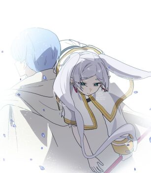 1boy 1girl blue_hair blue_petals capelet cloak commentary dandandanholo earrings elf falling_petals frieren gold_trim green_eyes grey_hair himmel_(sousou_no_frieren) holding holding_staff jacket jewelry long_hair over_shoulder parted_bangs petals pointy_ears shirt short_hair skirt sousou_no_frieren staff striped_clothes striped_shirt symbol-only_commentary torn_clothes torn_jacket twintails white_capelet white_cloak white_skirt