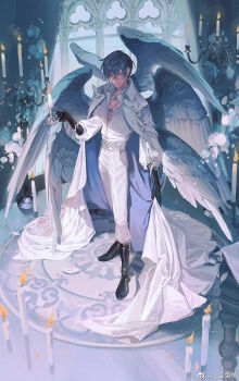 1boy ayn_alwyn ayn_alwyn_(until_the_end_of_time) black_boots black_gloves black_hair blue_cape blue_wings boots candelabra candle candlestand cape cape_hold closed_mouth collared_cape collared_shirt crossed_bangs earrings elbow_gloves expressionless feathered_wings flower full_body glint gloves gradient_wings hair_between_eyes highres holding holding_candle holding_candlestand jewelry long_sleeves looking_at_viewer lovebrush_chronicles male_focus multicolored_wings multiple_wings necklace non-web_source pants pants_tucked_in partially_unbuttoned pearl_necklace red_eyes riviere_(necklace) rose rose_window shirt short_hair single_earring solo standing tumeii two-sided_cape two-sided_fabric two-tone_wings watermark weibo_watermark white_cape white_flower white_pants white_rose white_shirt white_wings window wings