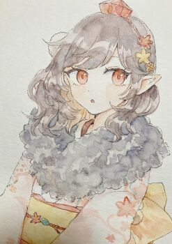 1girl alternate_costume blush brown_hair commentary flower furisode hair_flower hair_ornament hat highres japanese_clothes kimono leaf_print long_hair maple_leaf_print mozukuzu_(manukedori) obi obiage obijime open_mouth pointy_ears print_kimono red_eyes red_hat red_kimono sash shameimaru_aya solo symbol-only_commentary tokin_hat touhou traditional_media yellow_sash