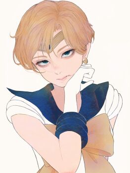 1girl aegyo_sal bishoujo_senshi_sailor_moon blonde_hair blood blood_from_mouth blue_eyes blue_sailor_collar bow closed_mouth commentary earrings gloves hand_up highres jewelry looking_at_viewer magical_girl okubatomaeba parted_hair sailor_collar sailor_senshi_uniform sailor_uranus sanpaku shirt short_hair short_sleeves simple_background solo ten'ou_haruka upper_body white_background white_gloves white_shirt wiping_blood wiping_face yellow_bow