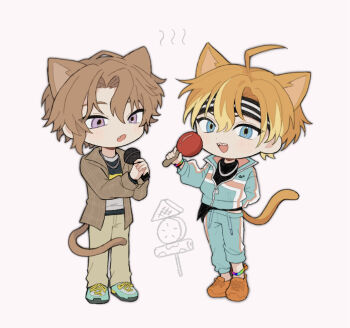 Rule 34 | 18trip, 2boys, ahoge, animal ears, blonde hair, blue eyes, blue jacket, blue pants, blue shoes, brown jacket, brown pants, cat ears, cat tail, chibi, chibi only, collared jacket, commentary request, fang, hashtag-only commentary, headband, highres, holding, holding microphone, isotake akuta, jacket, kemonomimi mode, looking at viewer, microphone, multicolored hair, multiple boys, nanamegi nanaki, open clothes, open jacket, orange hair, orange shoes, pants, partially open jacket, partially unzipped, pink eyes, sebon (sebochin), sharp teeth, shoes, short hair, simple background, sneakers, tail, teeth, two-tone hair, upper teeth only, white background