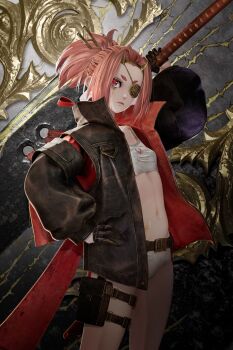 1girl 3d belt breasts code_vein code_vein_ii crop_top expressionless eyepatch gloves highres holding holding_sword holding_weapon horns huge_weapon jacket josee_anjou looking_at_viewer navel official_art open_clothes open_jacket pink_hair pouch red_eyes short_eyebrows short_shorts shorts small_breasts solo sword thigh_pouch weapon