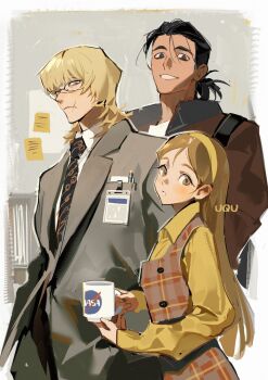 Rule 34 | 1girl, 2boys, :o, badeni, black eyes, black hair, black necktie, blonde hair, blue eyes, blush, brown jacket, chi.: chikyuu no undou ni tsuite, closed mouth, coffee mug, collared shirt, commentary request, contemporary, cup, dress, dress shirt, glasses, grey jacket, grin, hairband, highres, holding, holding cup, id card, jacket, jolenta, logo, long hair, long sleeves, looking at viewer, low ponytail, mug, multiple boys, nasa logo, necktie, oczy, parted lips, pen, pinafore dress, plaid clothes, plaid dress, ponytail, scar, scar on face, scar on mouth, shirt, sleeveless, sleeveless dress, smile, sticky note, suit jacket, uquoozz, very long hair, white shirt, yellow eyes, yellow hairband, yellow shirt