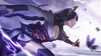 1girl absurdres asymmetrical_sleeves bird blunt_bangs blurry blurry_background braid breasts bridal_gauntlets cleavage closed_mouth commentary_request engulfing_lightning_(genshin_impact) floating_hair from_side genshin_impact glowing glowing_eyes hair_floating_upwards hair_flowing_over highres holding holding_polearm holding_weapon japanese_clothes kimono large_breasts leaning_forward lingerie long_braid looking_ahead motion_blur no_mole polearm purple_background purple_clouds purple_eyes purple_hair purple_kimono purple_sky purple_thighhighs raiden_shogun red_sash running sash single_braid sky solo thighhighs too_many too_many_birds underwear uneven_sleeves weapon wide_sleeves yitaiyi