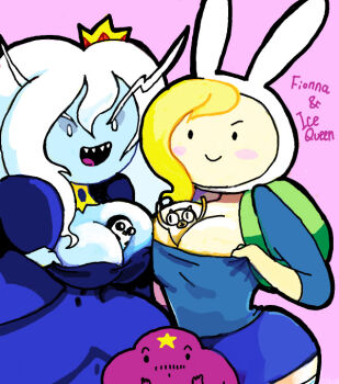 2girls 3boys adventure_time alien animal animal_hat backpack bag between_breasts bird black_eyes blonde_hair blue_dress blue_shirt blue_skin blue_skirt breasts cake_the_cat cartoon_network cat cleavage colored_skin crown dress facial_hair facial_mark fionna_campbell forehead_mark genderswap genderswap_(ftm) genderswap_(mtf) gunter_(adventure_time) hat ice_queen_(adventure_time) large_breasts long_hair long_sleeves lumpy_space_prince multiple_boys multiple_girls mustache open_mouth penguin puffy_sleeves purple_background purple_skin queen rabbit_hat sharp_teeth shirt short_sleeves skirt smile star_(symbol) star_facial_mark sukaponta teeth thighhighs white_eyes white_hair white_hat white_thighhighs