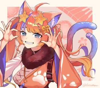 Rule 34 | 1girl, ahoge, animal ear fluff, animal ear piercing, animal ears, asymmetrical sleeves, black choker, blue eyes, blue hair, blue nails, blush, border, braid, calgal, cat ears, cat girl, cat tail, choker, eyewear on head, floral background, fur collar, gradient hair, gradient tail, grin, hair ornament, half-heart hands, highres, instrument, japanese clothes, keyboard (instrument), kimono, long hair, long sleeves, looking at viewer, mismatched sleeves, multicolored hair, multicolored kimono, multicolored nails, multiple tails, nail polish, nekomata, nekoyashiki miku, nijisanji, obi, orange-tinted eyewear, orange hair, paw print, red hair, red kimono, red nails, rope, sash, shimenawa, smile, solo, standing, star-shaped eyewear, star (symbol), streaked hair, sunglasses, tail, tinted eyewear, twintails, twintails with braided base, twitter username, two tails, upper body, virtual youtuber, white border, white kimono, wide sleeves